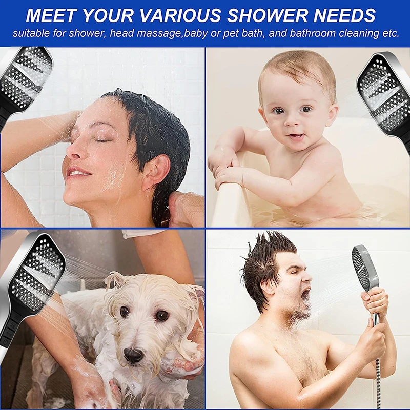 NEW SquarBlack Shower Head Adjustable 7mode Shower Faucet Large Panel Flow Rainfall Skin ABS Hand Held Shower Bathroom Accessory