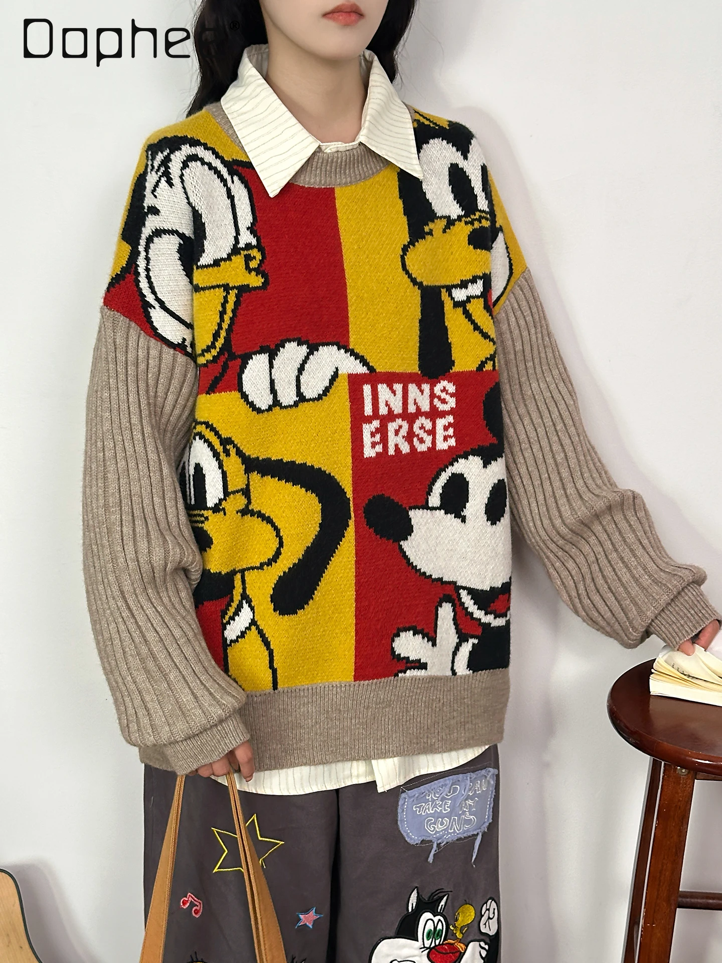 

Round Neck Sweater Autumn Winter American Retro Fun Cartoon Jacquard Knitwear Casual Pullover Sweater for Men and Women