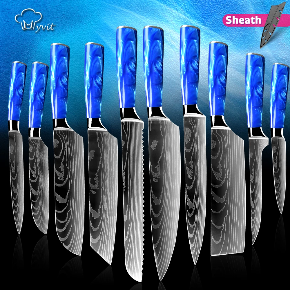 Kitchen Knives Set 1-10pcs Japanese Chef knife Blue Resin Handle 7CR17 Damascus Pattern Santoku Cleaver Slicing Utility Knives