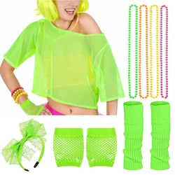 Headband Fishnet Shirt Necklace Set Gloves Neon Choker Necklace Necklace Beads Leg Warmers 80s Costume Accessories Set