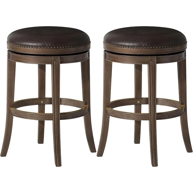 31 Inch Tall Bar Height Rotating Backless Barstool in Walnut Finish with Marksman Saddle Vegan Leather Seat, Set of 2