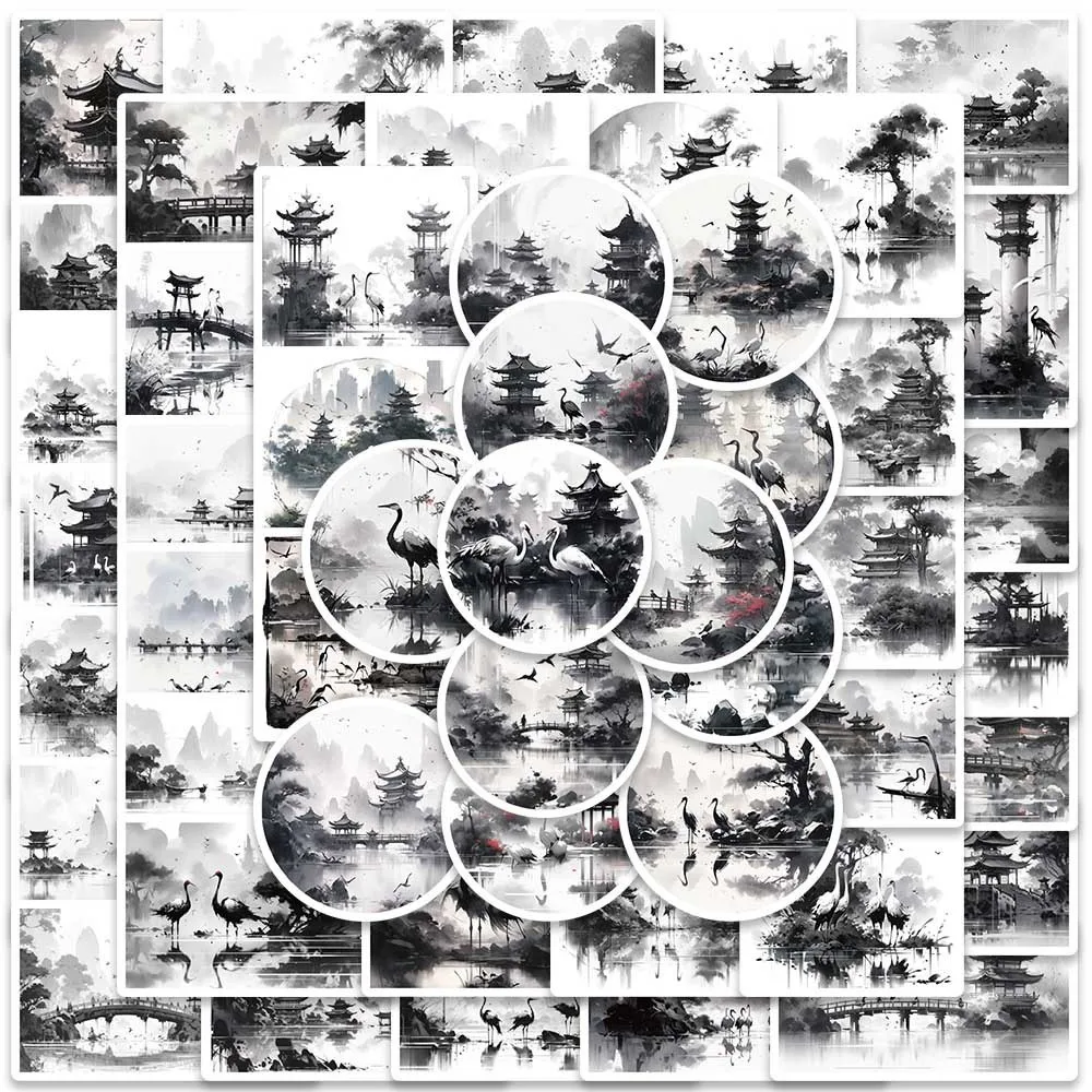 50-Piece Black & White Ink Wash Ancient Style Art Graffiti Stickers - Unique DIY Decor for Notebooks Giajar Sticker Store