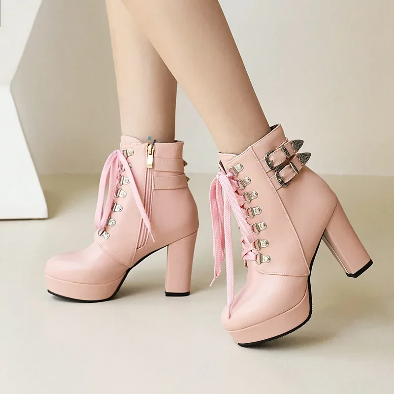 Winter Pink White Red Platform Ankle Boots Women High Chunky Heel Party Dress Lady Buckle Zipper Platform Short Motorcycle Boots