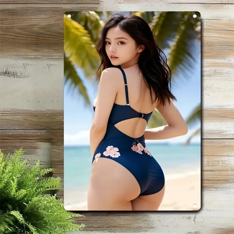 Vintage Eisen-Dekorationsschild „Lady Swimsuit“ – Retro Strandbar & Café Wandkunst aus Metall
