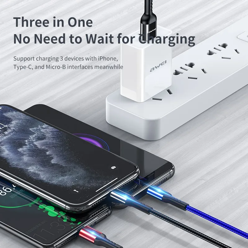 Awei CL-971 3 in 1 Type C Fast Charging Cable 2.4A USB Micro Charger Phone Cables Braided Wire For iPhone iPad Xiaomi Huawei