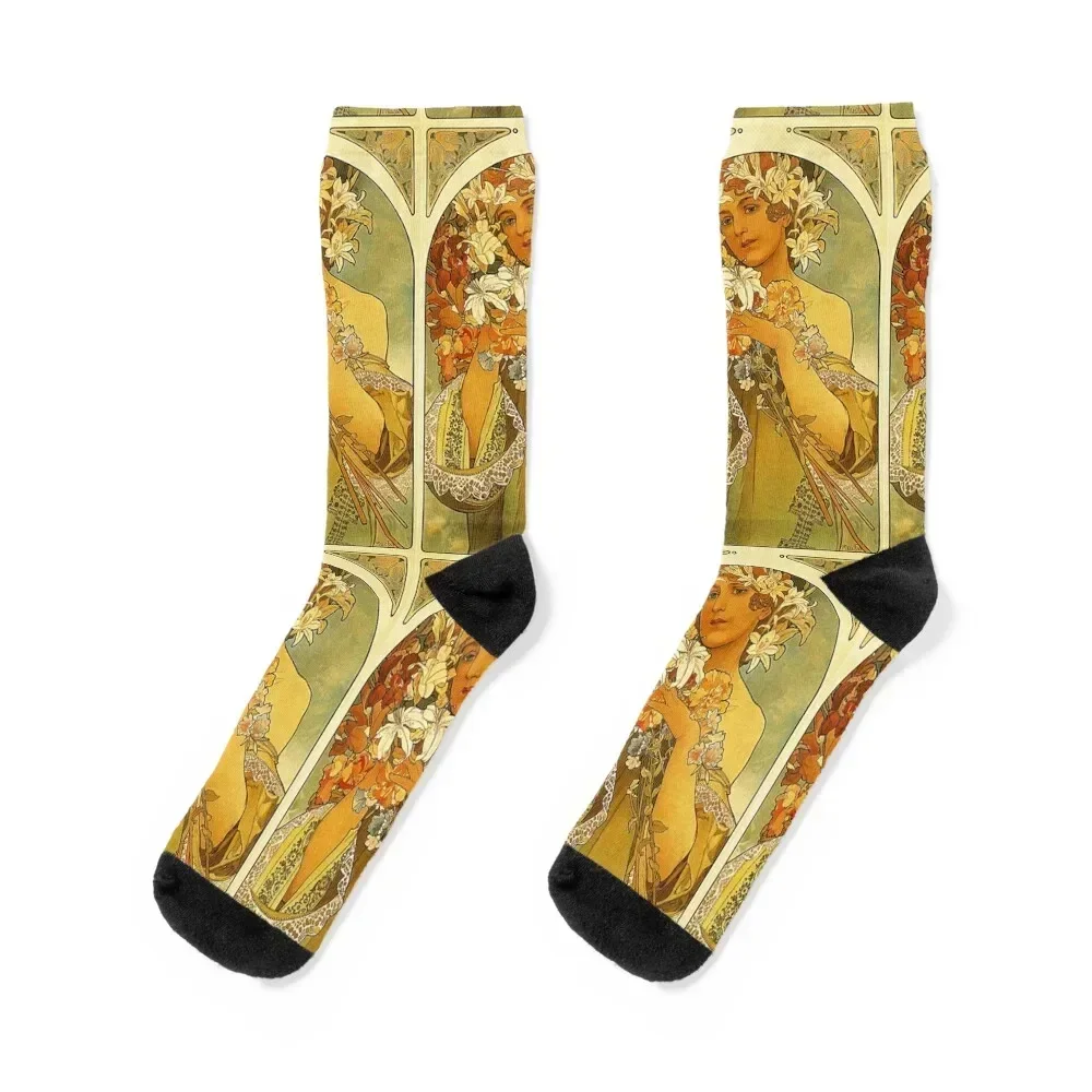 Flower - Mucha Socks colored professional running Men Socks Women's