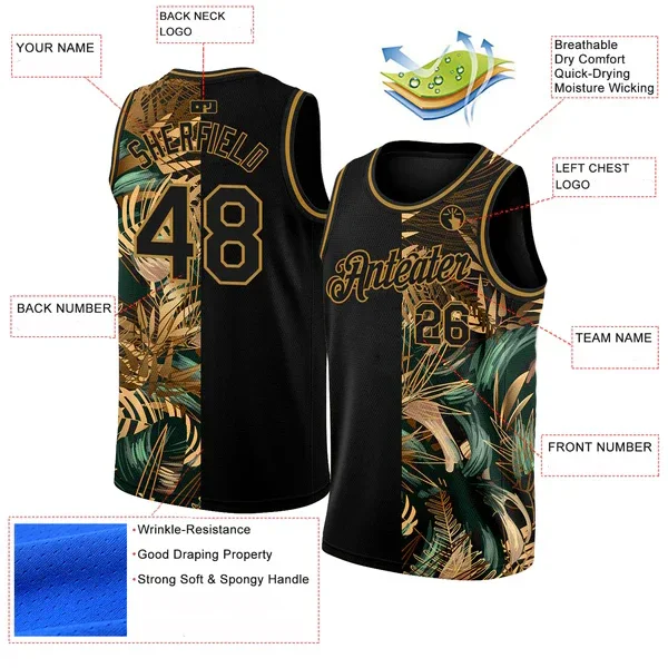 

Custom Black Old Gold 3D Pattern Tropical Hawaii Palm Leaves Authentic Basketball Jersey