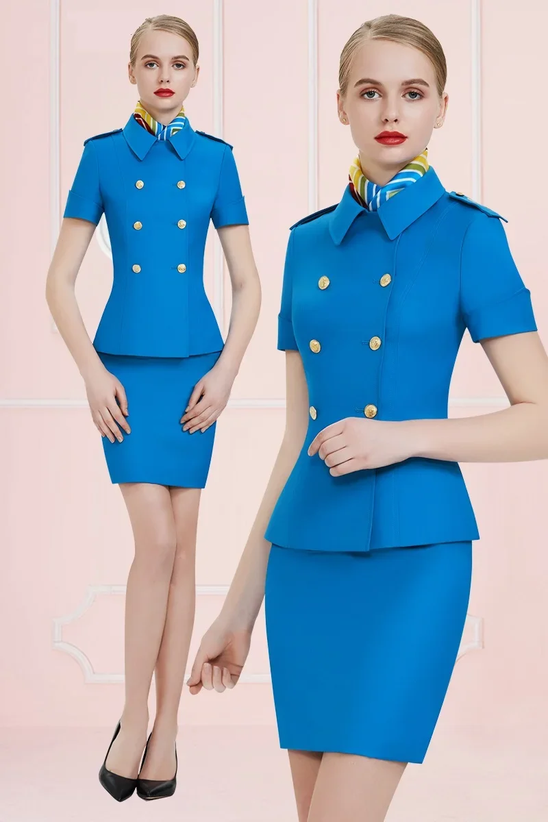 新しいホット販売夏の女性のハイエンドプロフェッショナルスーツファッションホテルフロント半袖オーバーオールスチュワーデス制服スカート