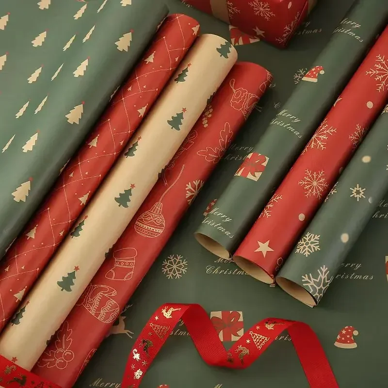 12 Sheets 75*50CM Christmas Kraft Paper Gift Floral Wrapping Printed DIY Background Scrapbooking Paper Crafts Home Decoration