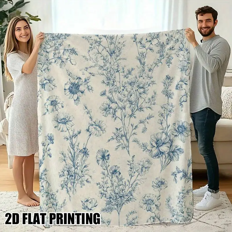 

Vintage Blue Floral Toile Throw Blanket, Soft Cozy Flannel Blanket for Couch Sofa Bed, French Country & Shabby Chic Lover Gift