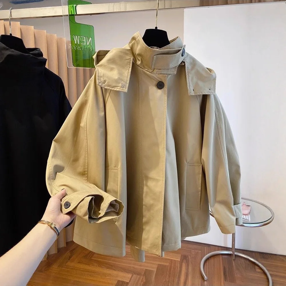 Cape Style Thin Short Trench Coats for Women Spring Autumn Windbreaker Vintage Loose Hooded Jackets Women Clothing Wind Jackets