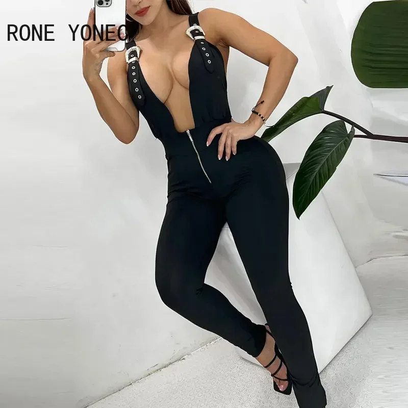 2023 Women  Minority Sense of Design Sexy Solid Deep V Neck Metor Hook Decor Zipper Sleeveless Skinny Jumpsuit