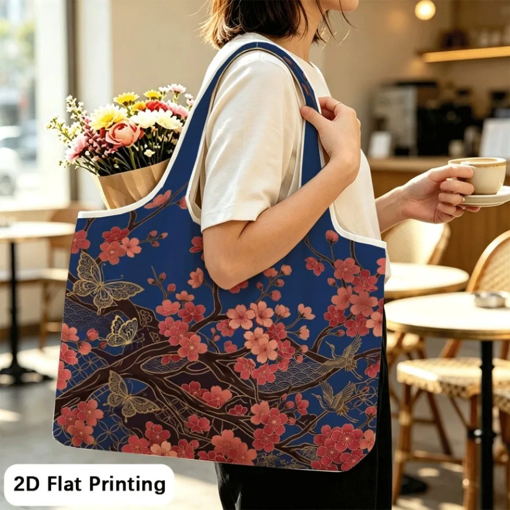 Plum blooms greet golden butterflies Student‑friendly foldable tote shoulder bag, lightweight & practical.