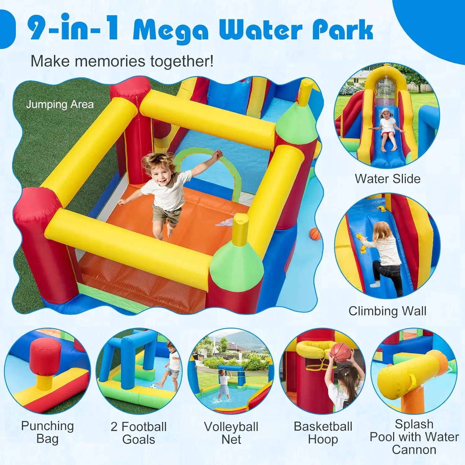 9-in-1 Inflatable Water Slide Park, Bounce House with Basketball Hoop, Football Goals, Volleyball, Blow Up Water Slides for Kids Ages 3-12, Indoor Outdoor Backyard Fun view 5