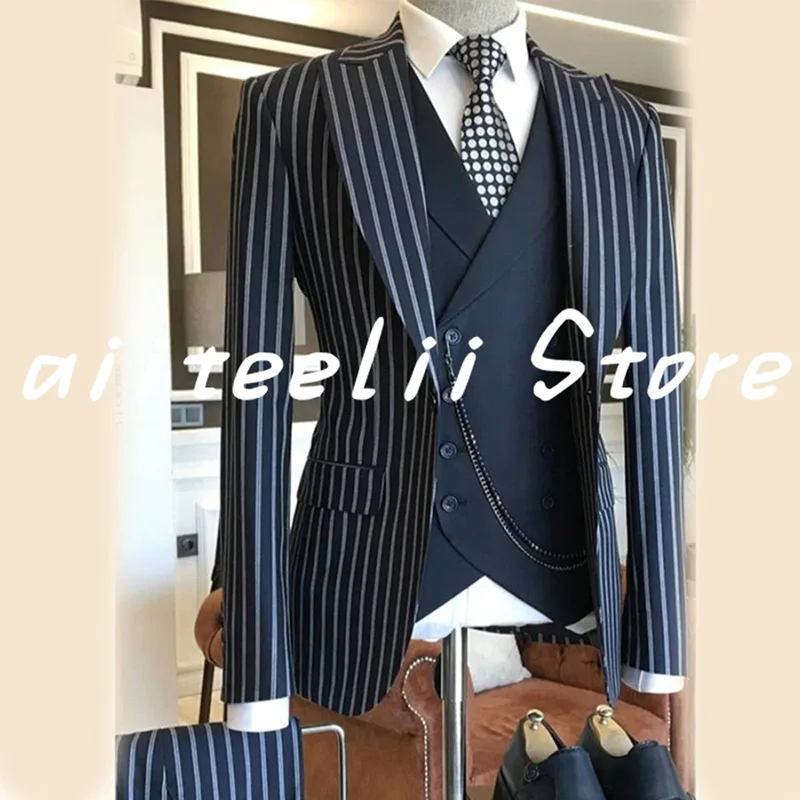 Traje de 3 piezas para hombre, Blazer a rayas, pantalones, chaleco, esmoquin Formal para boda, trajes de negocios