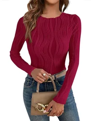 Women's Textured Solid Color T-Shirt O-Neck Long Sleeved Pullover Autumn Casual Shirt Top