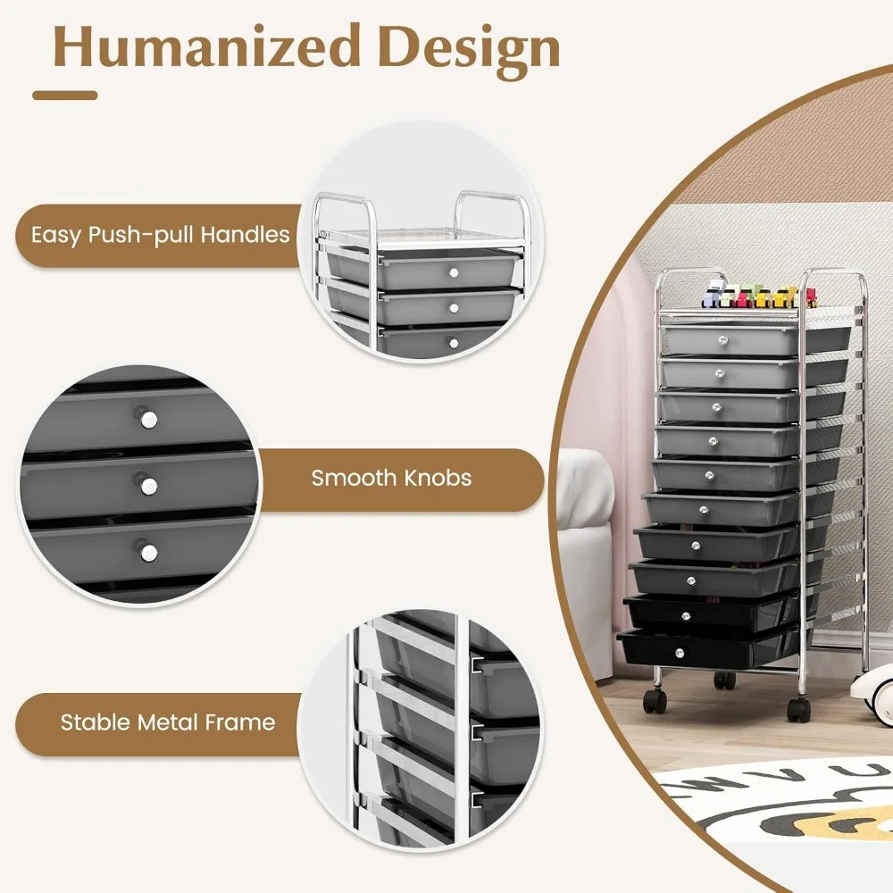 عربة تخزين دوارة ذات 10 أدراج مع أدراج قابلة للإزالة وإطار فولاذي، عربة متنقلة متعددة الاستخدامات مع عجلات عالمية لـ Versati #6