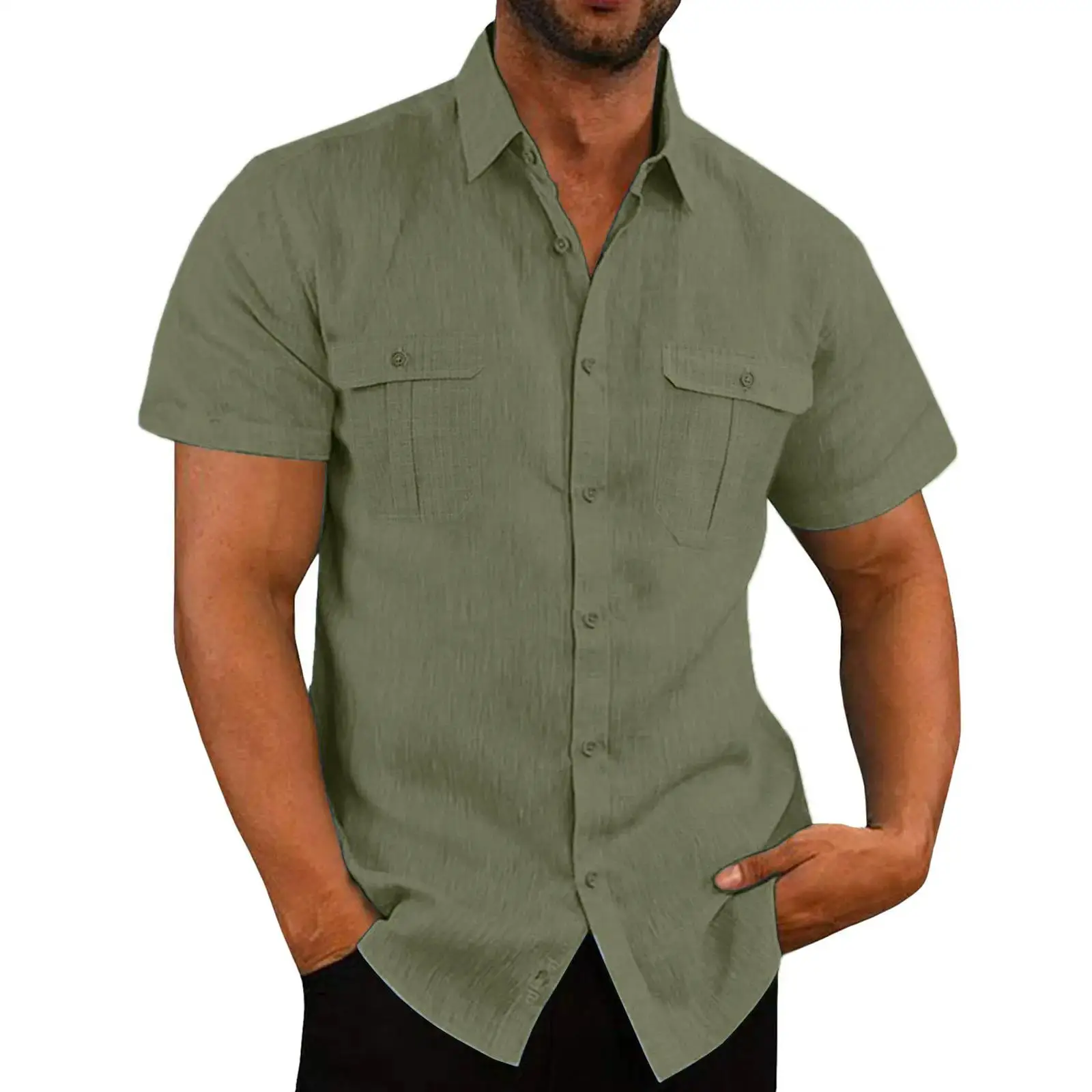

Cotton Linen Hot Sale Men Short-Sleeved Shirts Summer Solid Color Comfort Collar Casual Beach Style Plus SizeMale Shirts M-5XL