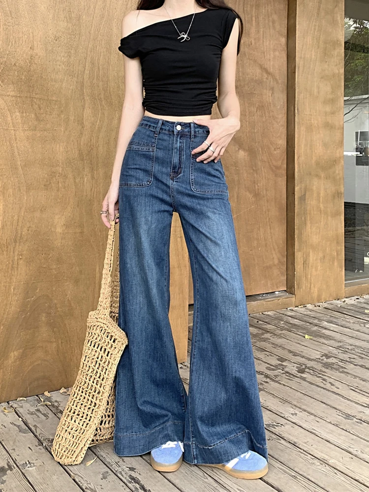 

Retro American Design High Waist Bell Bottom Casual Pants Women's Fashion Summer 2026 Washed out Pocket Long Trousers