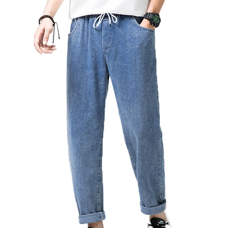 

Spring Autumn Casual Men's Jeans Elastic Waist Straight Blue Work Denim Trousers Hip Hop Slack Bottom Joggers Streetwears