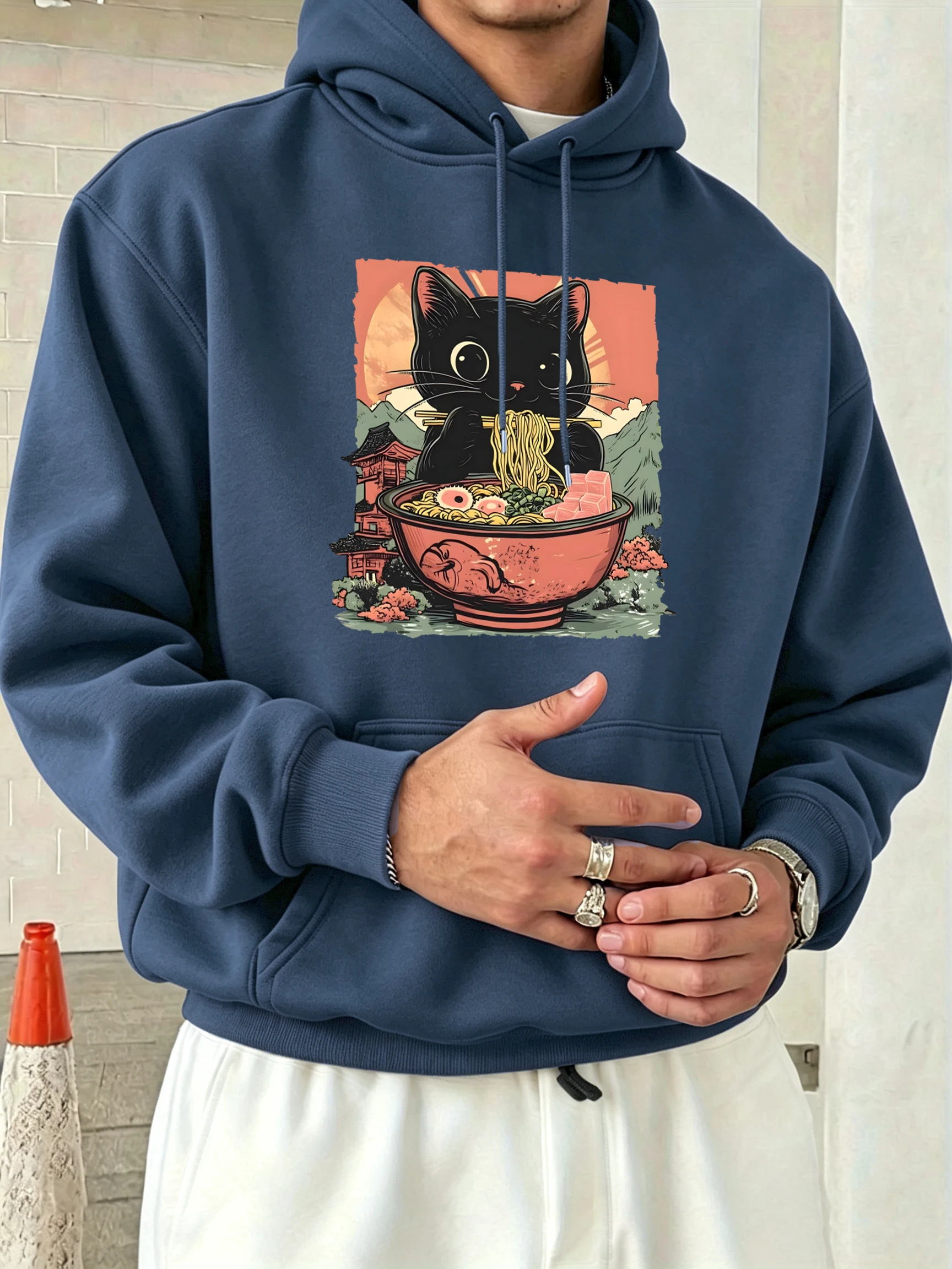 Retro Cats Like To Eat Lamian Noodles Prints Men Pocket Hoodie Casual O-Neck Top Fashion Long Sleeve Fleece Soft Loose Clothing