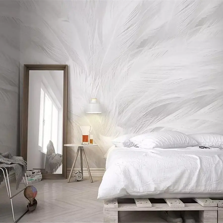 

Custom wallpaper 3d mural Nordic modern minimalist white feather living room TV background wall Hand-painted Texture Art Murals