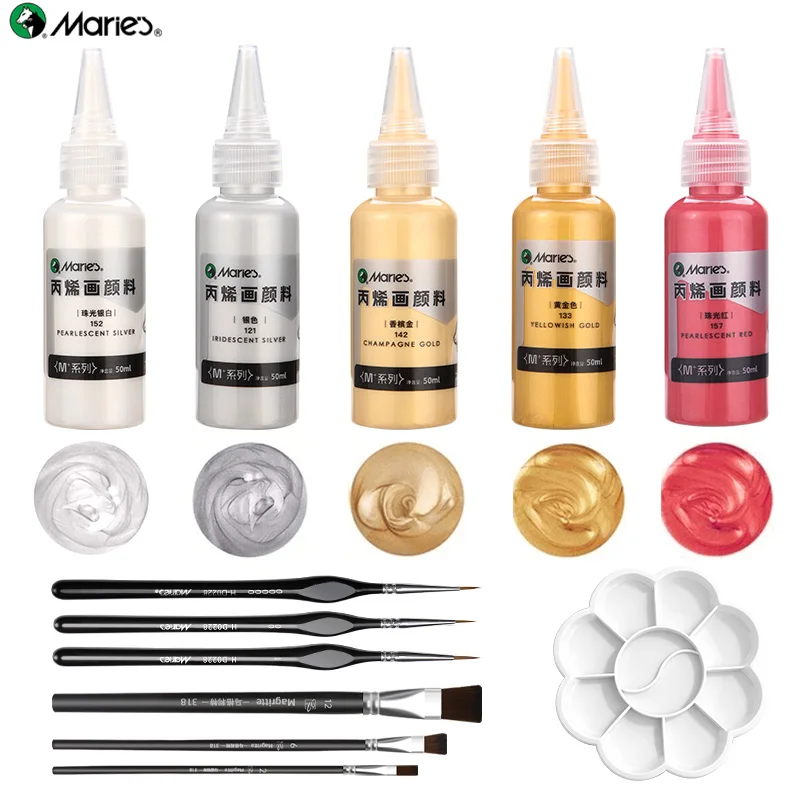 12pcs Marie's Golden/Silvery Metallic Acrylic Paint Set,5 Gloss Colors Pigments Kit with 7 Brushes,Palette for DIY,Rock,Glass,Ca
