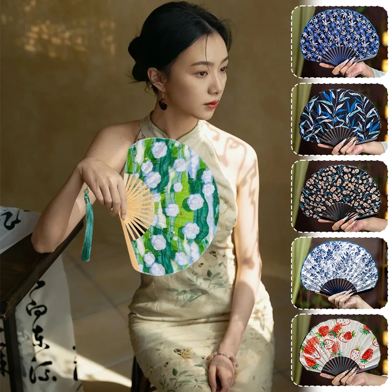 

Vintage Shell-Shaped Folding Fan Chinese Style Portable Hand Fold Fans Retro Cotton-Linen Dance Props Hanfu Decorative Fan Gifts