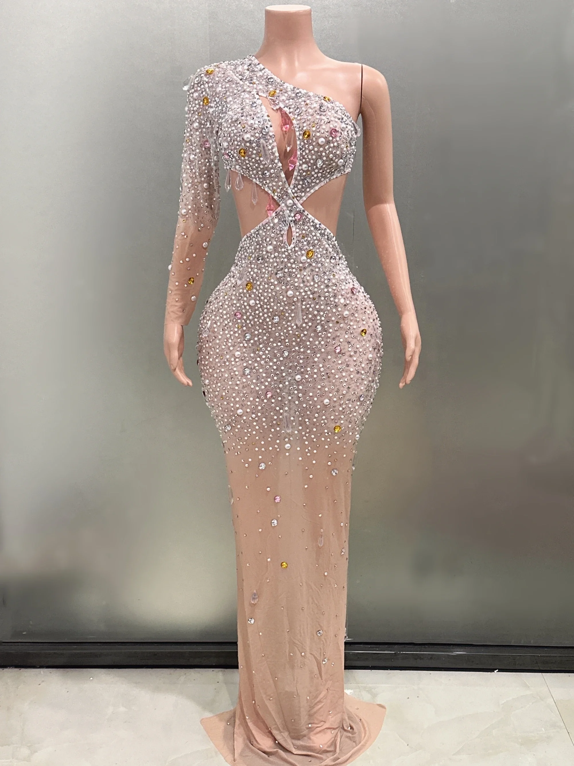 Sexy Sheath Mini Dress Flashing Luxury Rhinestones Pearl Birthday Evening Party Nightclub Singer Performance Costume Stage Wear