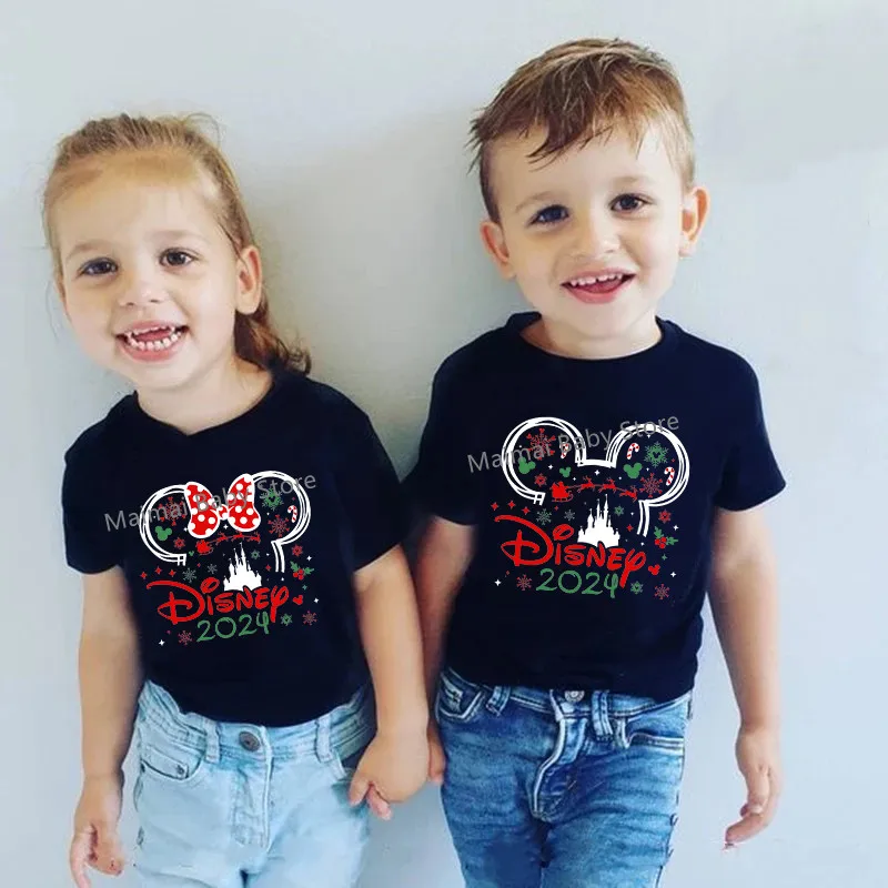 Disney 2024 Christmas Shirts Funny Mickey Minnie Print Family Matching Christmas Tshirts Dad Mom Kids Disneyland Xmas Outfits