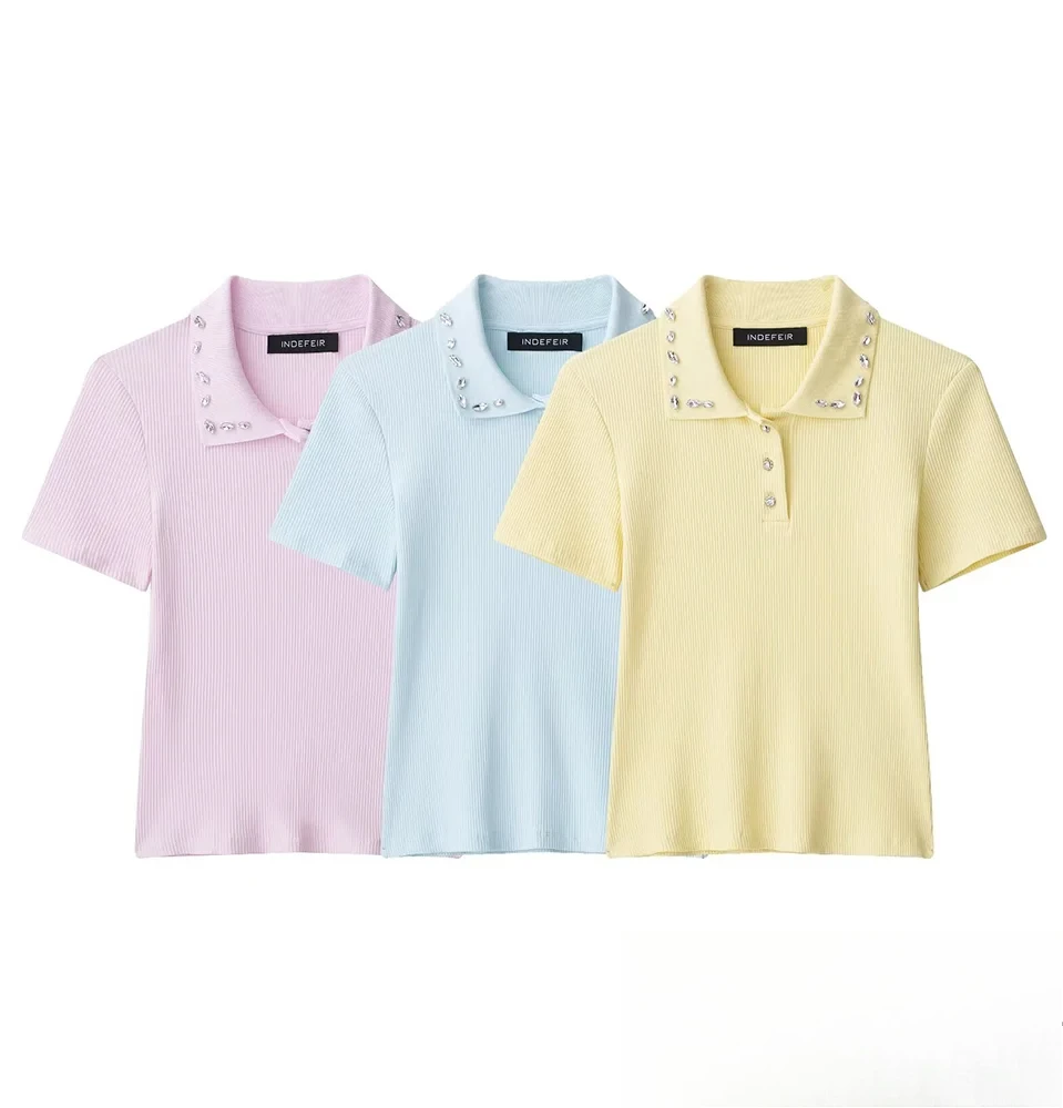 

KONDALA женская классическая осенняя рубашка-поло с украшенным драгоценным воротником, рубашка на пуговицах, новинка 2025 года, весна/лето, модная праздничная рубашка для пригородных поездок, топ