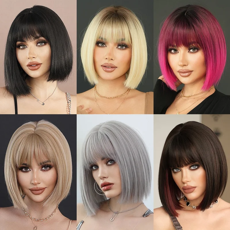 女性用前髪付きショートストレートボブウィッグ-ブラック-12-インチ耐熱ファイバー