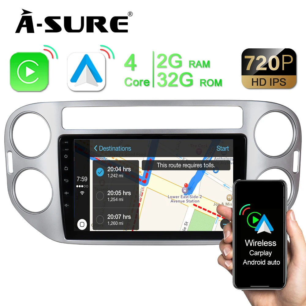 A-Sure Wireless CarPlay 9'' Android 10 Car Radio 8 Core A75 GPS Navigation For Volkswagen VW Tiguan 1 NF 2007-2016 Golf 5 Plus