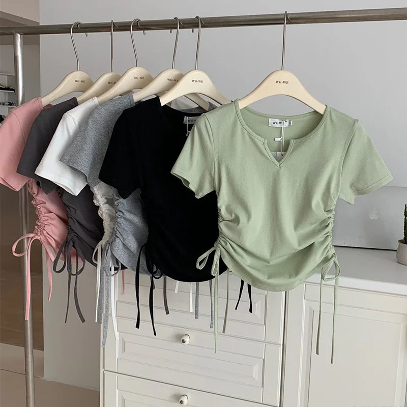 Camiseta de manga corta con cuello en V y cordón ajustable, de color liso, para mujer, moda de verano, gran oferta de la temporada, nuevo estilo, para estudiantes