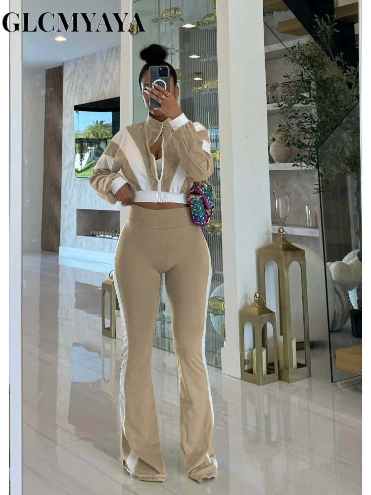 طقم نسائي رياضي مرقع من GLCMYAYA جاكيت بأكمام طويلة وسراويل رياضية واسعة الساق 2025 بدلة رياضية للياقة البدنية طقم مكون من قطعتين #1