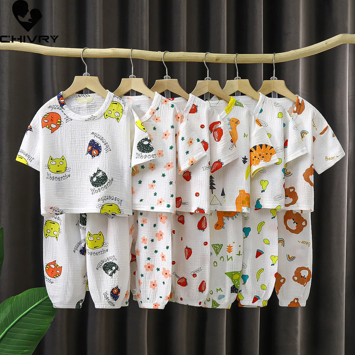 

Kids Boys Girls Thin Pajamas 2023 Summer Cotton Yarn Cartoon Floral Short Sleeve T Shirt Tops with Pants Baby Sleepwear Homewear