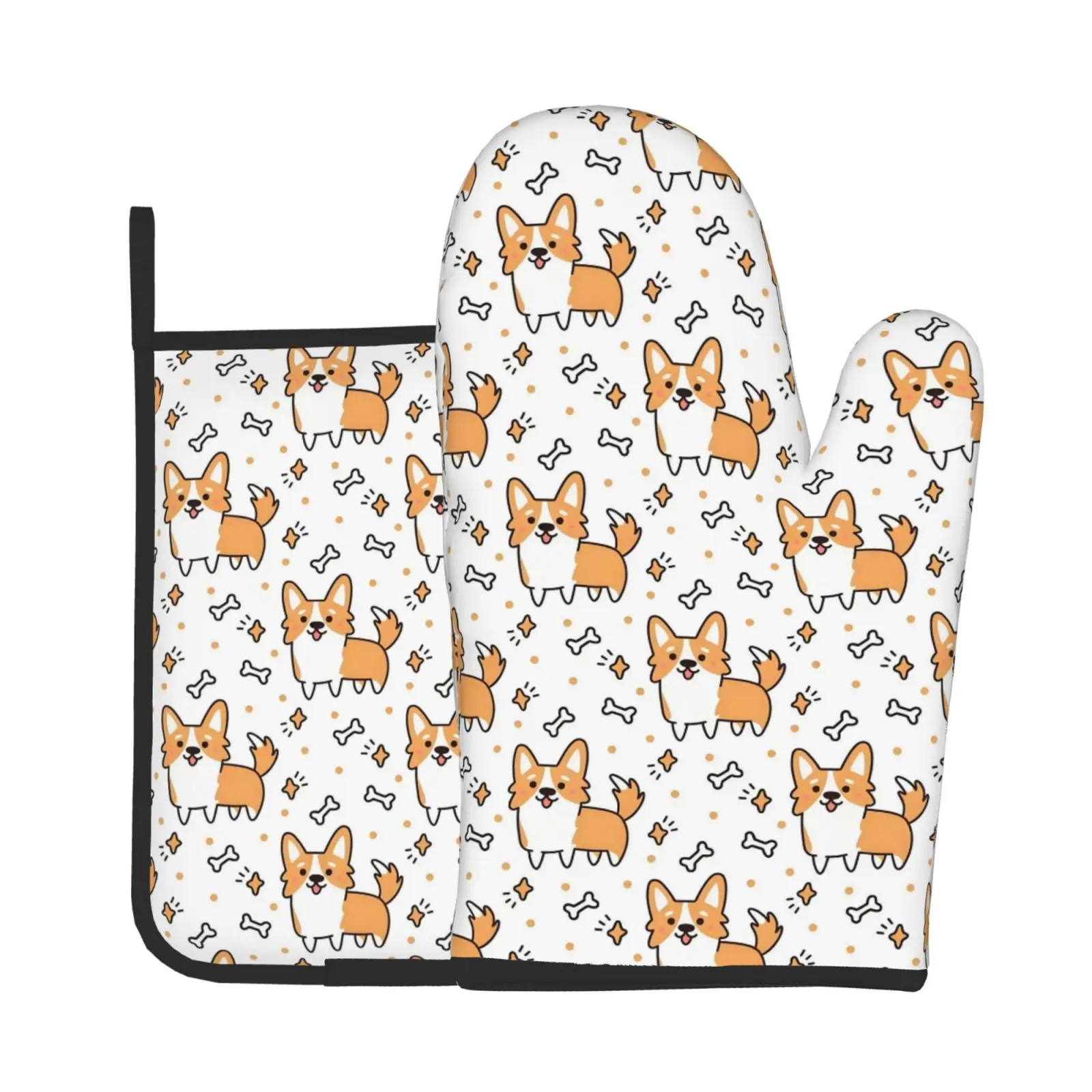 Kawaii Corgi Heat Resistant Oven Mitts and Pot Holders Sets Non Slip Thick Kitchen Microwave Gloves for Cooking Baking Grilling