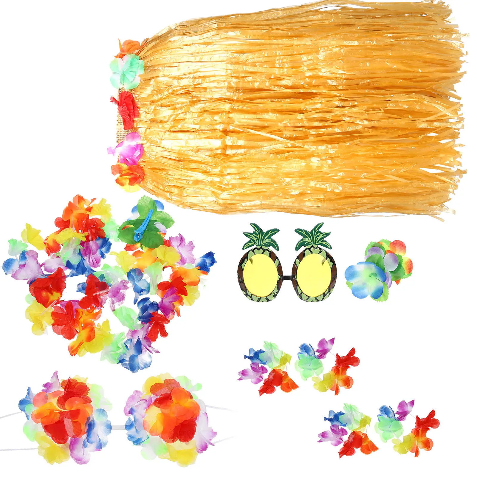 1 Set Hawaiian Party Supplies Simulation Flower Garland Luau Skirt Eyeglasses Tropical Dance Costume For Women Festival Beach