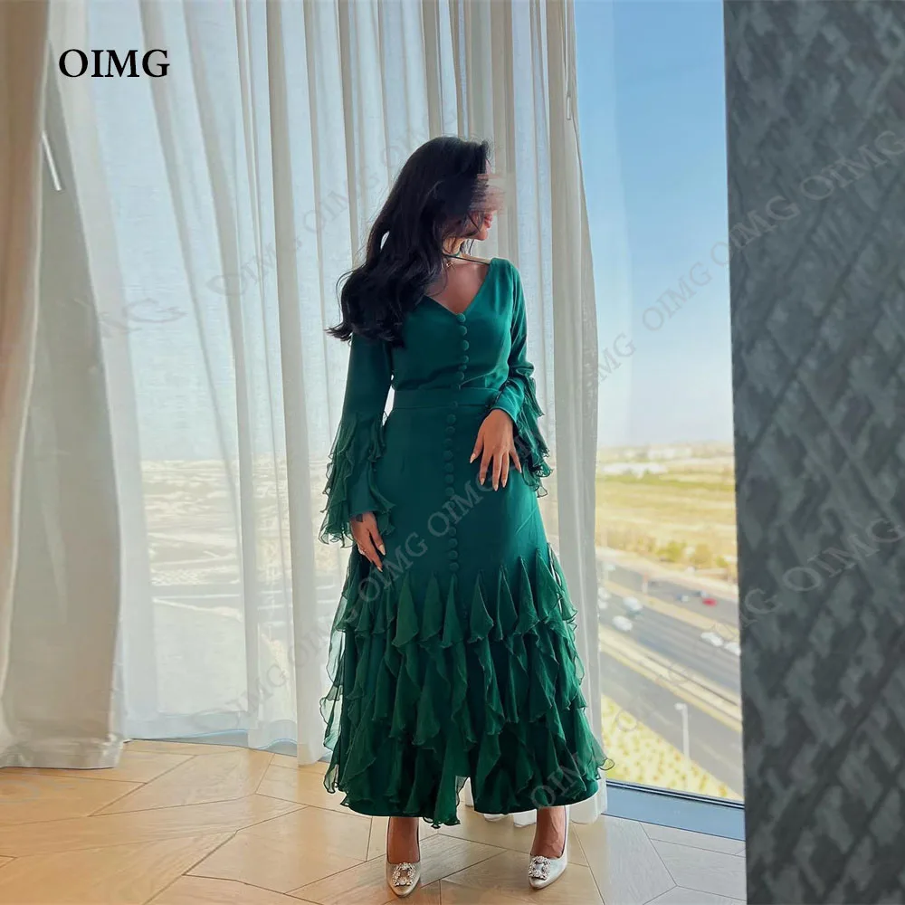 

OIMG Green Tiered Full Sleeves Prom Dresses 2023 Luxury ButtonFormal V Neck Evening Gowns Long Robes De Soirée Woman Party Gonws