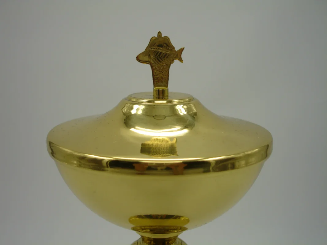 Catholic Etched Ciborium with Cover Loaves and Fish Cover Brass, High Polished Christian Church Supplies