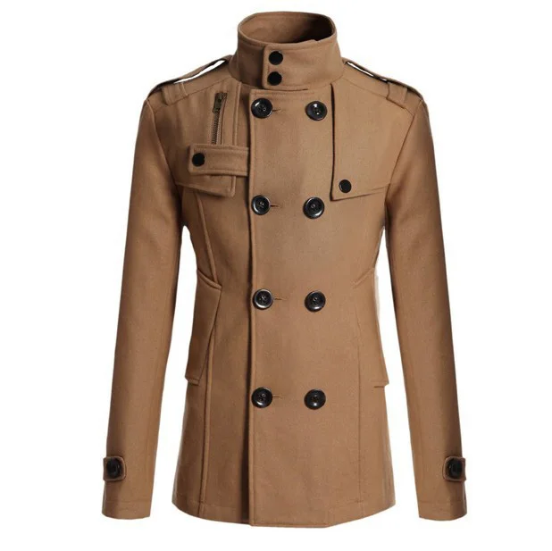 Man Jacket Autumn Winter Stand Collar Double-breasted Solid Color Men Trench Coat Vintage Long Sleeve Mid Length Male Outerwear