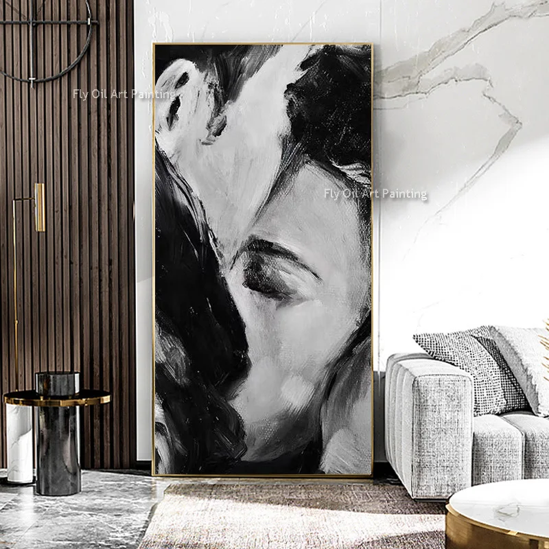 Black Gray And White Abstract Couple Hugging Thick Oil Painting Hand Painted Large People Canvas Wall Art Original Artwork Decor