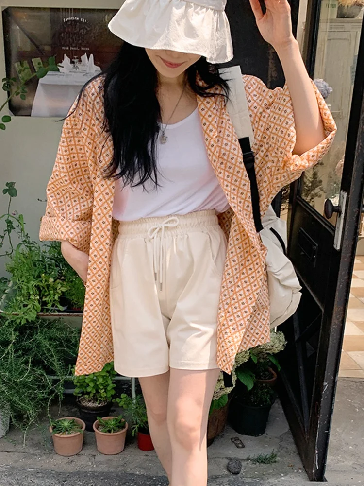 

Chic Summer Lazy Sle V-Ne Print Design Belted Waist Long Sve Sun Protection irt Women's Loose Fit Commute Sle