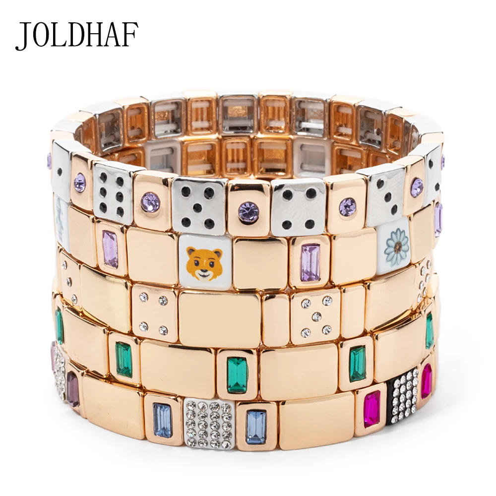 2024 New Design 8x8mm Beads Inlaid Ziorcon Charm Geometric Shape Dice Bracelets For Women Golden Color Elastic Bangle