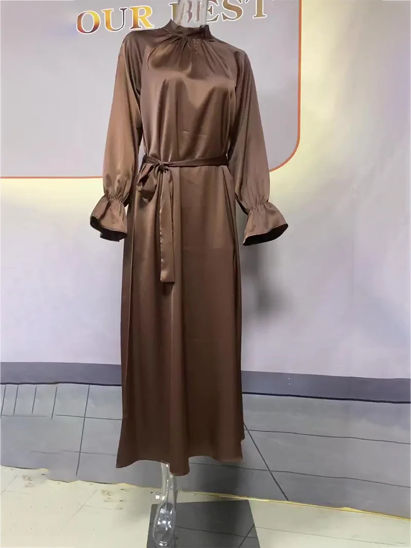 2024 Spring Autumn Modest Solid Color Satin Long Sleeve Dress Belt Party Women Clothes Graceful Crew Neck Lady Casual Dresses