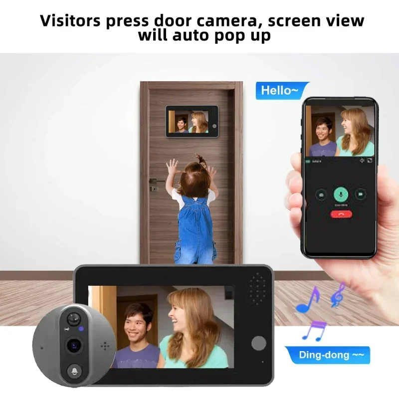 Tuya Smart-WiFi Campainha Peephole Câmera, Segurança Em Casa, Áudio 2-Way, Visão Noturna, 4,3 \