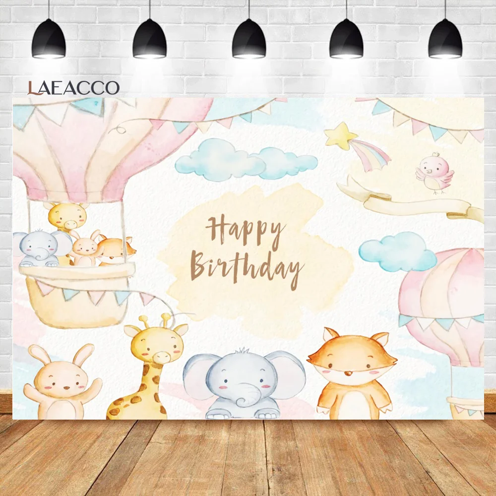 Laeacco Happy Birthday Backgrounds Hot Air Balloon Jungle Animals Safari Party Newborn Photocall Customized Photography Backdrop