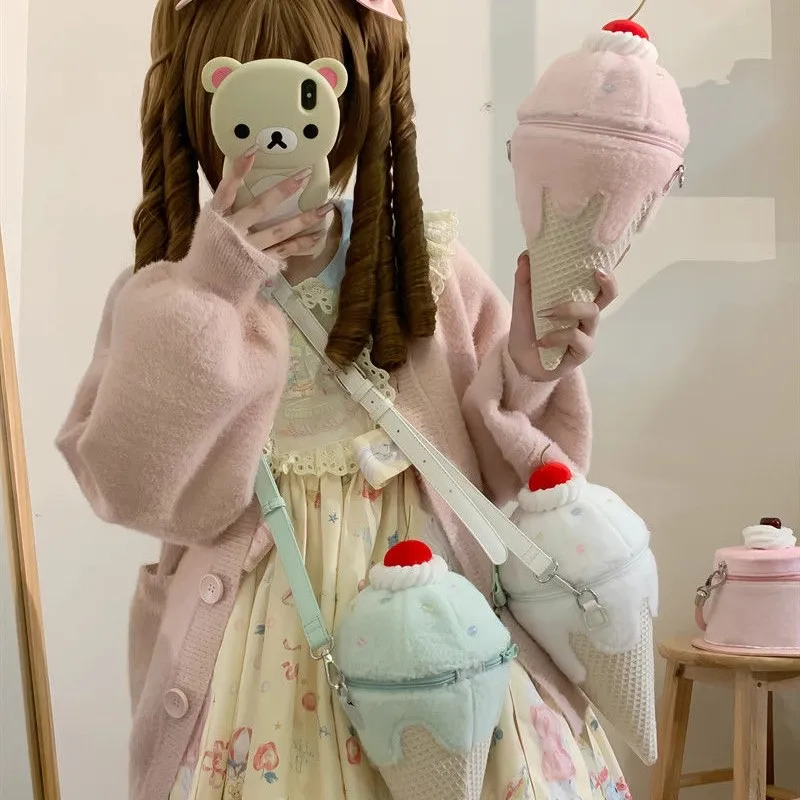 

JIAERDI милые сумки на плечо в форме мороженого, женские плюшевые мягкие сумки через плечо в стиле Лолиты, женские японские кошельки Kawaii 2025