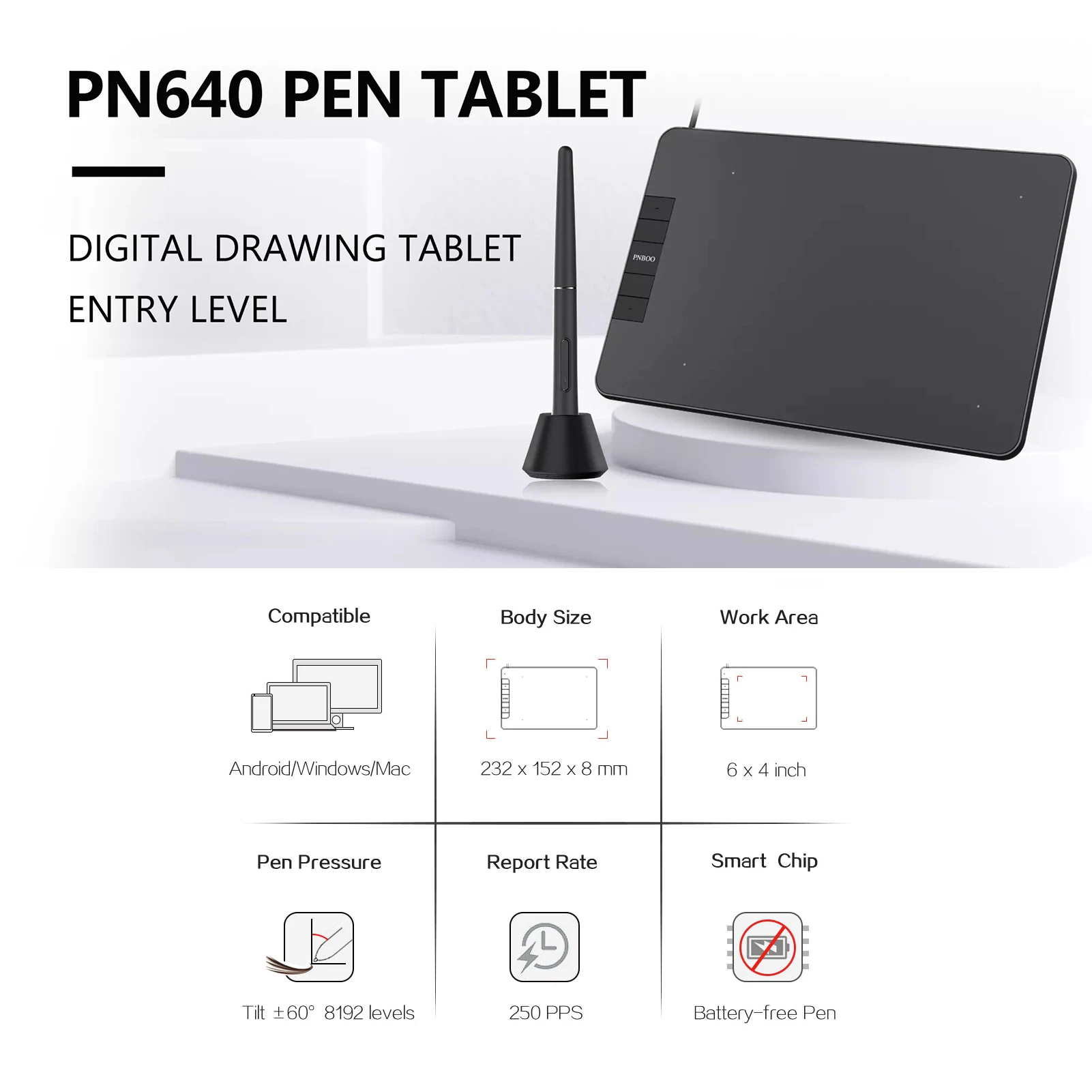 

PNBOO PN640 Graphics Drawing Tablet 6 x 4 inch Active Area 8192 Levels Pressure Tilt Function Art Animation Drawing Board