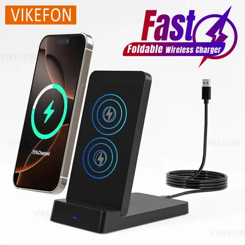 VIKEFON شاحن لاسلكي الهاتف سطح المكتب حامل قابل للطي حامل آيفون 17-12 برو ماكس سامسونج S24 Xiaomi محطة شحن سريع